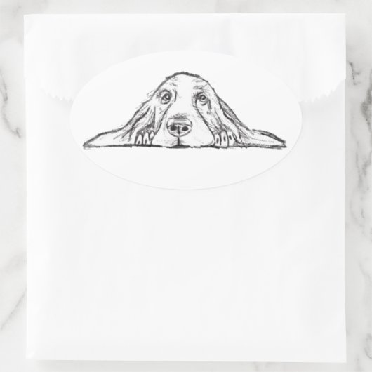 バセットハウンドシンプル白黒子犬の目 楕円形シール (バッグ)