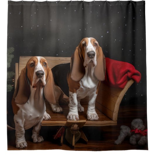 バセットハウンドスノーウィースライクリスマスデコール シャワーカーテン (正面)