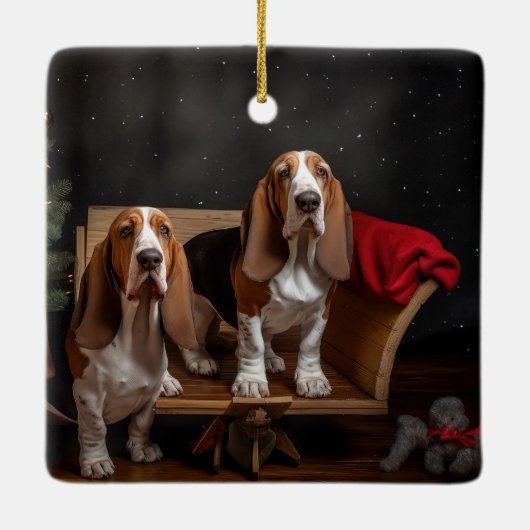 バセットハウンドスノーウィースライクリスマスデコール セラミックオーナメント (裏面)