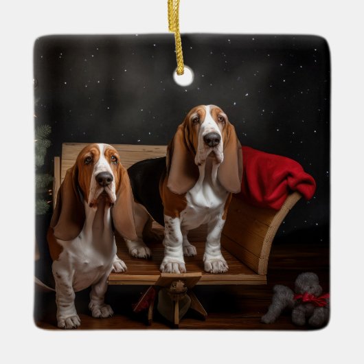 バセットハウンドスノーウィースライクリスマスデコール セラミックオーナメント (正面)
