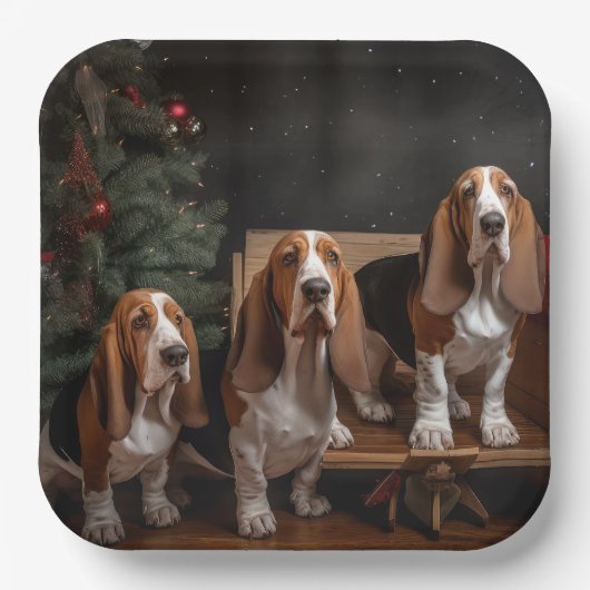 バセットハウンドスノーウィースライクリスマスデコール ペーパープレート (正面)