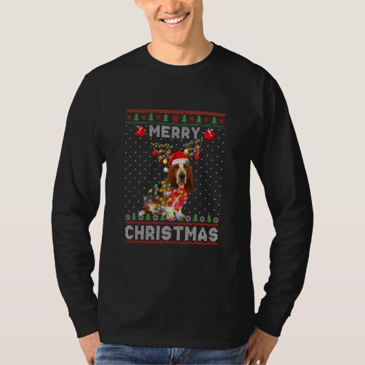 バセットハウンドトナカイメリークリスマスライト Tシャツ (正面)