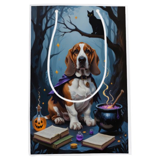 バセットハウンドドッグお洒落ハロウィン絵を描ズ ミディアムペーパーバッグ (正面)
