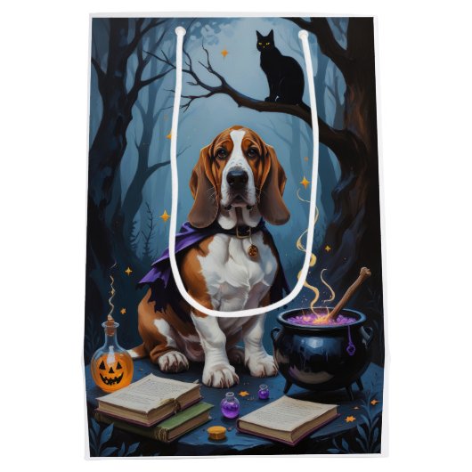 バセットハウンドドッグお洒落ハロウィン絵を描ズ ミディアムペーパーバッグ (裏面)
