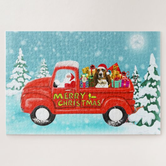 バセットハウンドドッグクリスマスサンタデリバリートラック ジグソーパズル (横)