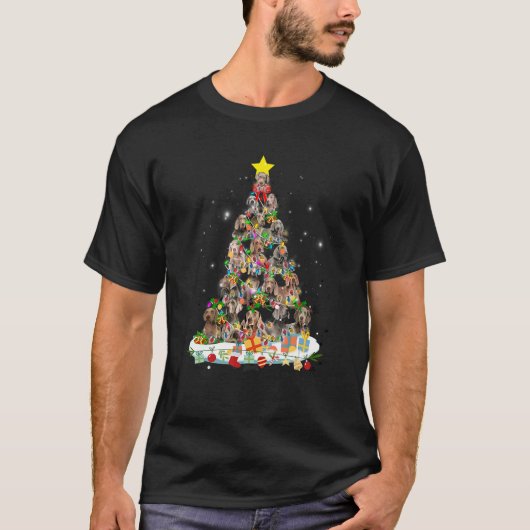 バセットハウンドドッグクリスマスツリーライトズクリスマスパジャマ Tシャツ (正面)