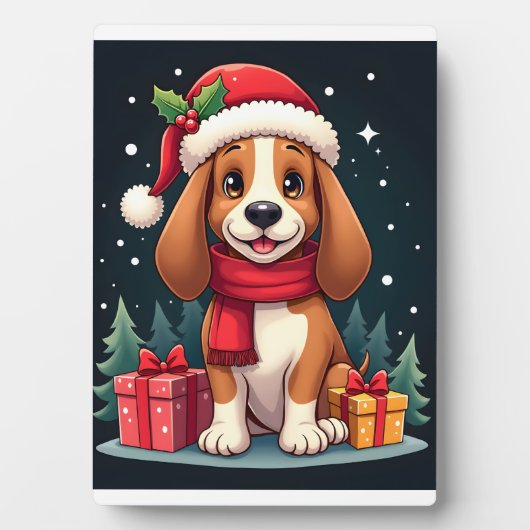 バセットハウンドドッグクリスマス服サンタハットドッグX フォトプラーク (正面)