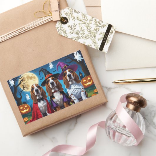 バセットハウンドドッグスパンプキンハロウィンおもしろい 長方形シール (ギフト)