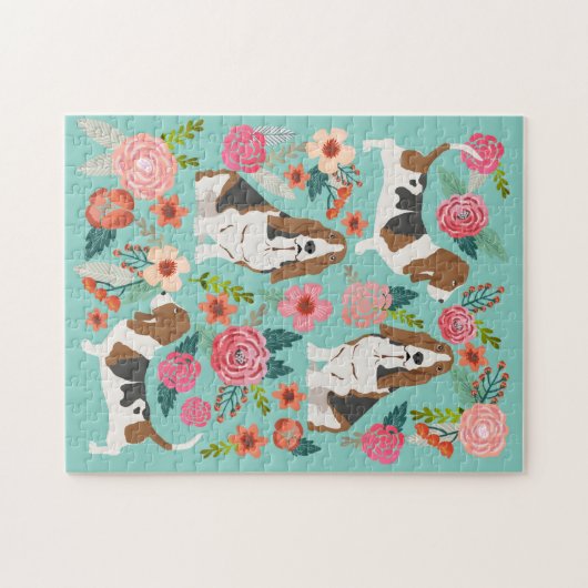 バセットハウンドドッグヴィンテージ花模様 ジグソーパズル (横)