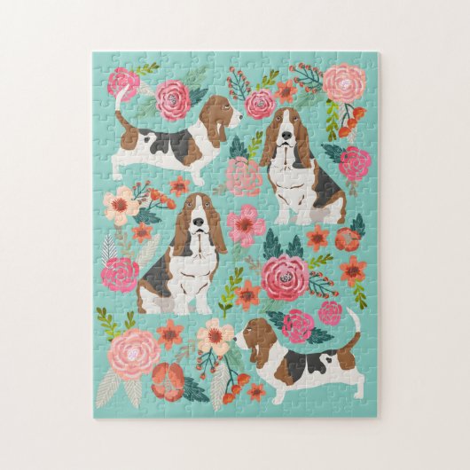 バセットハウンドドッグヴィンテージ花模様 ジグソーパズル (縦)