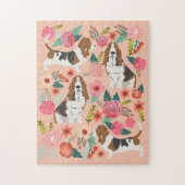 バセットハウンドドッグ花模様 ジグソーパズル (縦)