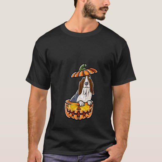 バセットハウンドハッピーハローウィンパンプキンドッグVネックT Tシャツ (正面)