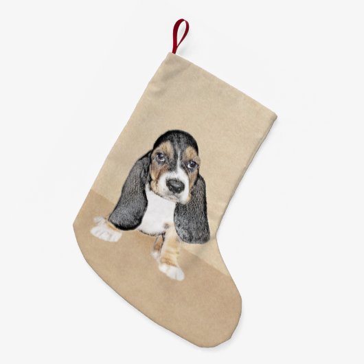 バセットハウンドパピー絵画ズ – オリジナルドッグアート スモールクリスマスストッキング (正面 (吊り時))