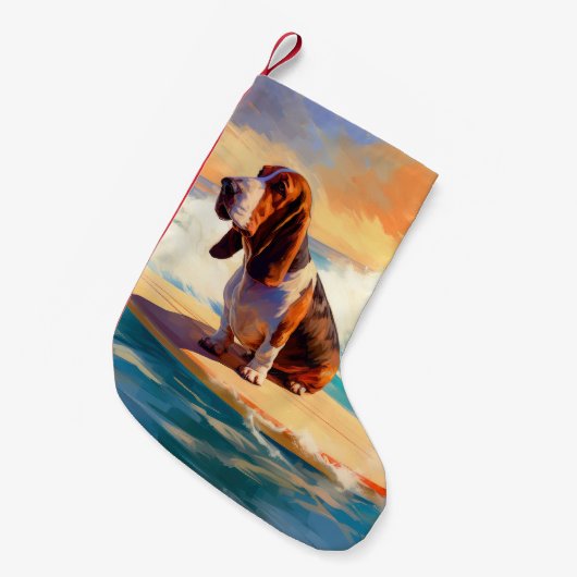 バセットハウンドビーチサーフィン絵画ズ スモールクリスマスストッキング (正面 (吊り時))