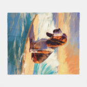 バセットハウンドビーチサーフィン絵画ズ フリースブランケット (正面(横))