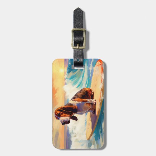 バセットハウンドビーチサーフィン絵画ズ ラゲッジタグ (正面縦)