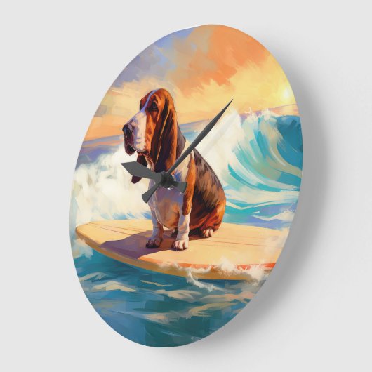 バセットハウンドビーチサーフィン絵画ズ ラージ壁時計 (傾斜)