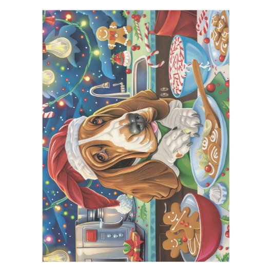 バセットハウンドホリデーベーキング:フェスティバルクリスマス テーブルクロス (正面)