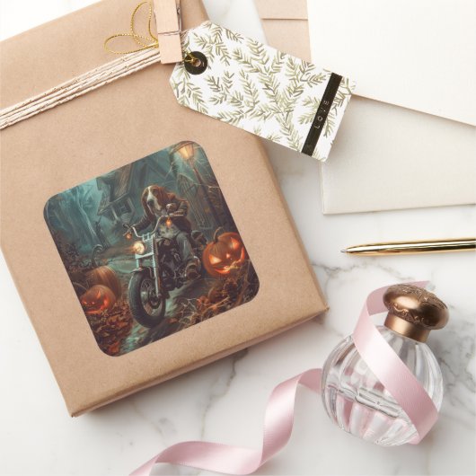 バセットハウンドライディングオートバイハロウィンホラー スクエアシール (ギフト)