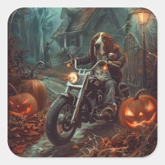 バセットハウンドライディングオートバイハロウィンホラー スクエアシール (正面)