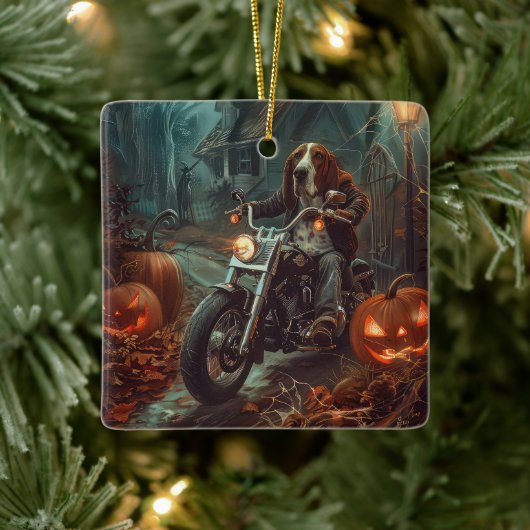 バセットハウンドライディングオートバイハロウィンホラー セラミックオーナメント (ツリー)