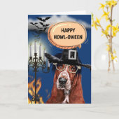 バセットハウンド可愛い犬の魔女ハッピーハウウィン カード (黄色い花)