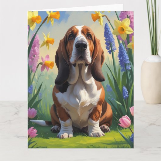 バセットハウンド犬の春の花の絵 カード (正面)