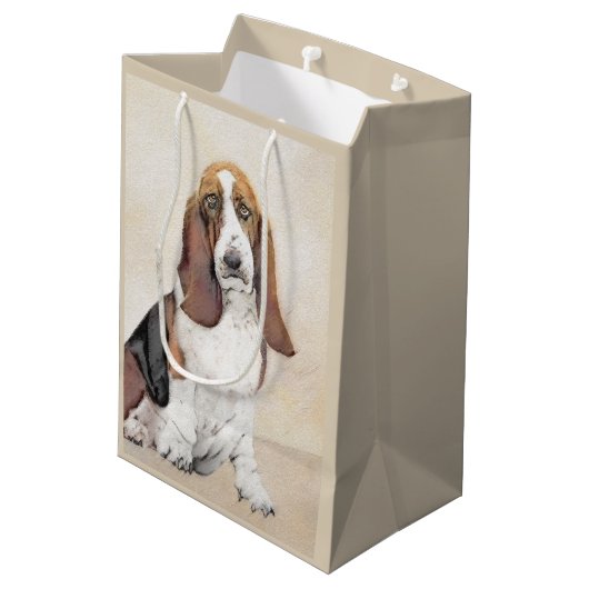 バセットハウンド絵画ズ – かわいいオリジナルドッグアート ミディアムペーパーバッグ (裏面アングル)