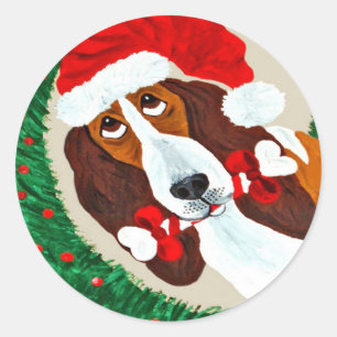 バセットハウンド クリスマスリース ラウンドシール