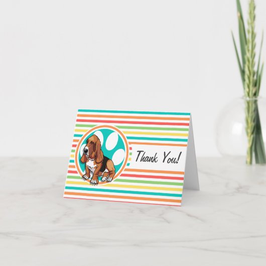 バセットハウンド；明るいレインボーストライプズ サンキューカード (正面)