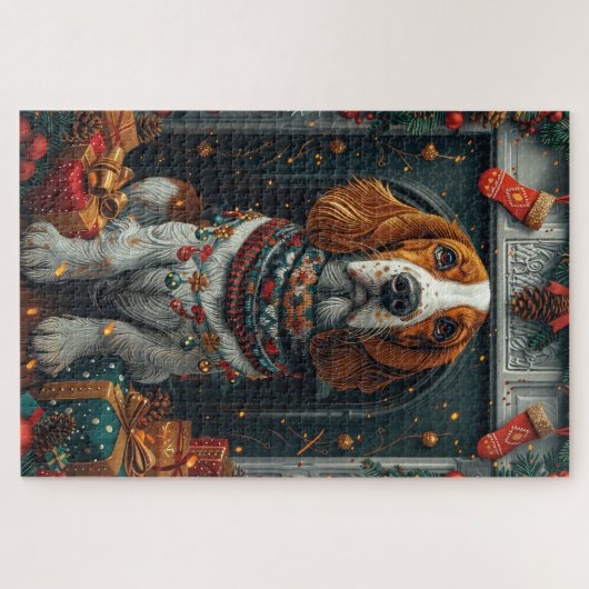 バセット犬とクリスマスプレゼント暖炉 ジグソーパズル (横)