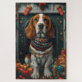 バセット犬とクリスマスプレゼント暖炉 ジグソーパズル (縦)