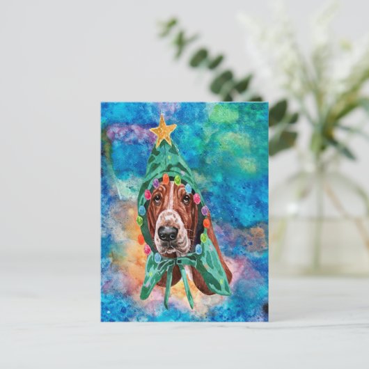 バセット犬は犬のクリスマスを育てる シーズンポストカード (スタンド正面)