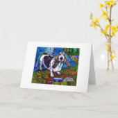 "バセット犬キャンプの"の挨拶状 カード (黄色い花)