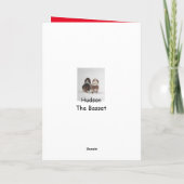 バセット・ハウンズはクリスマスカードに雪をかぶっている。 シーズンカード (裏面)