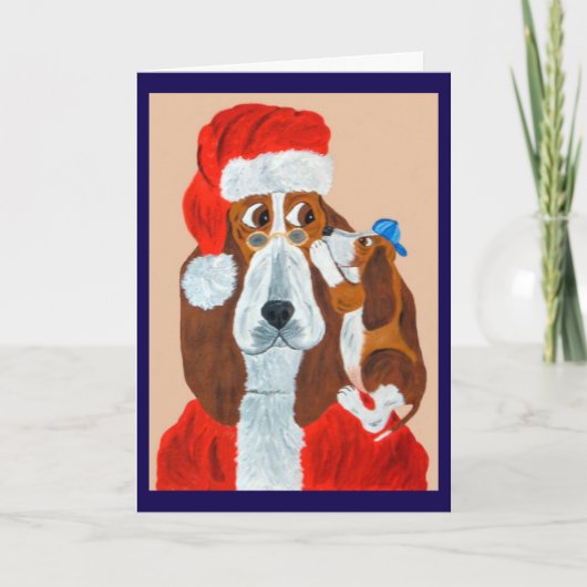 バセット・ハウンドの子犬がサンタにクリスマスの願い事を伝える カード (正面)