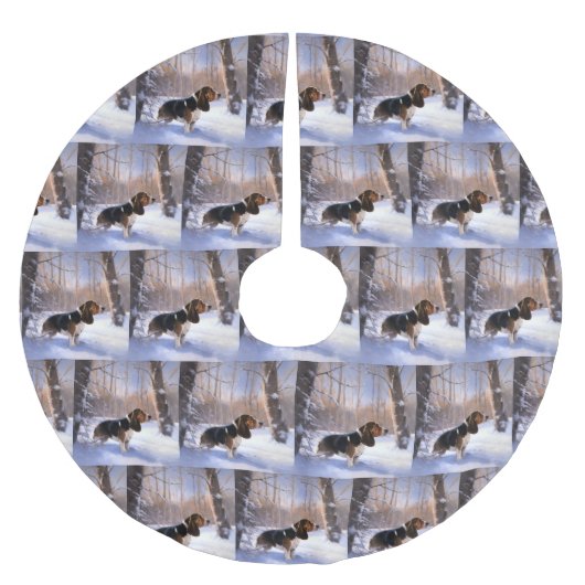 バセット・ハウンドは雪のクリスマスを過ごした ブラッシュドポリエステルツリースカート (正面)