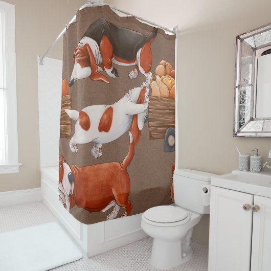 バセット・ハウンド犬は運かぼちゃを入れた荷車だ シャワーカーテン (インサイチュ)