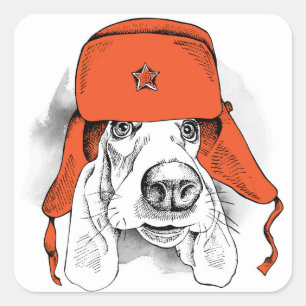 バセット・ハウンド Red Ushanka Hat スクエアシール