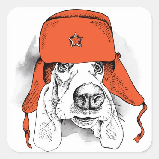 バセット・ハウンド | Red Ushanka Hat スクエアシール (正面)