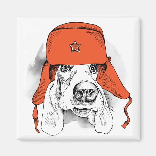 バセット・ハウンド | Red Ushanka Hat マグネット (正面)