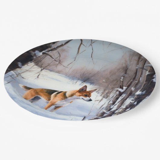 バセンジが雪のクリスマスを過ごす ペーパープレート (アングル)