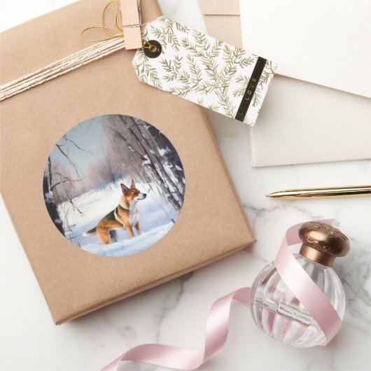 バセンジが雪のクリスマスを過ごす ラウンドシール (ギフト)