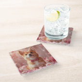 バセンジとバラ – バレンタインデー ガラスコースター (アングル)