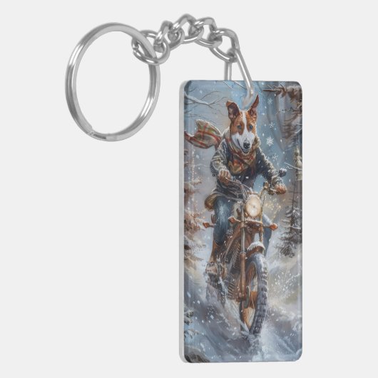 バセンジドッグオートバイクリスマスに乗る キーホルダー (正面左)