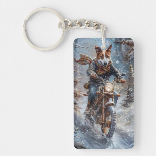 バセンジドッグオートバイクリスマスに乗る キーホルダー (正面)