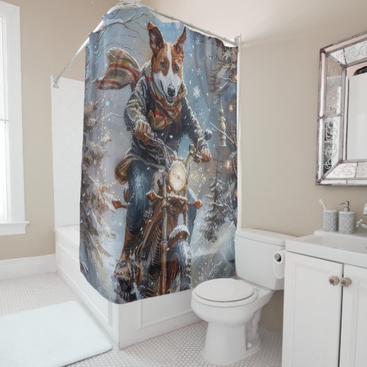 バセンジドッグオートバイクリスマスに乗る シャワーカーテン (インサイチュ)