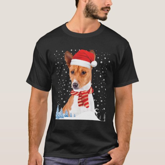 バセンジドッグ醜いクリスマスセーターおもしろいサンタ Tシャツ (正面)