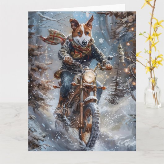 バセンジー犬がバイクに乗るクリスマス カード (黄色い花)