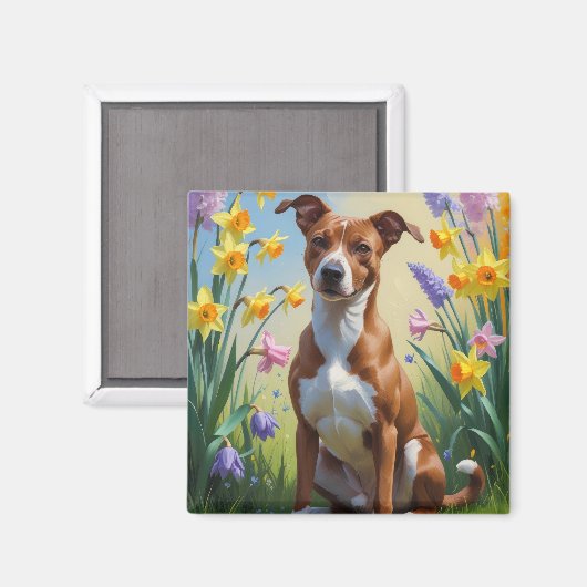 バセンジー犬と春の花の絵 マグネット (正面/裏面)